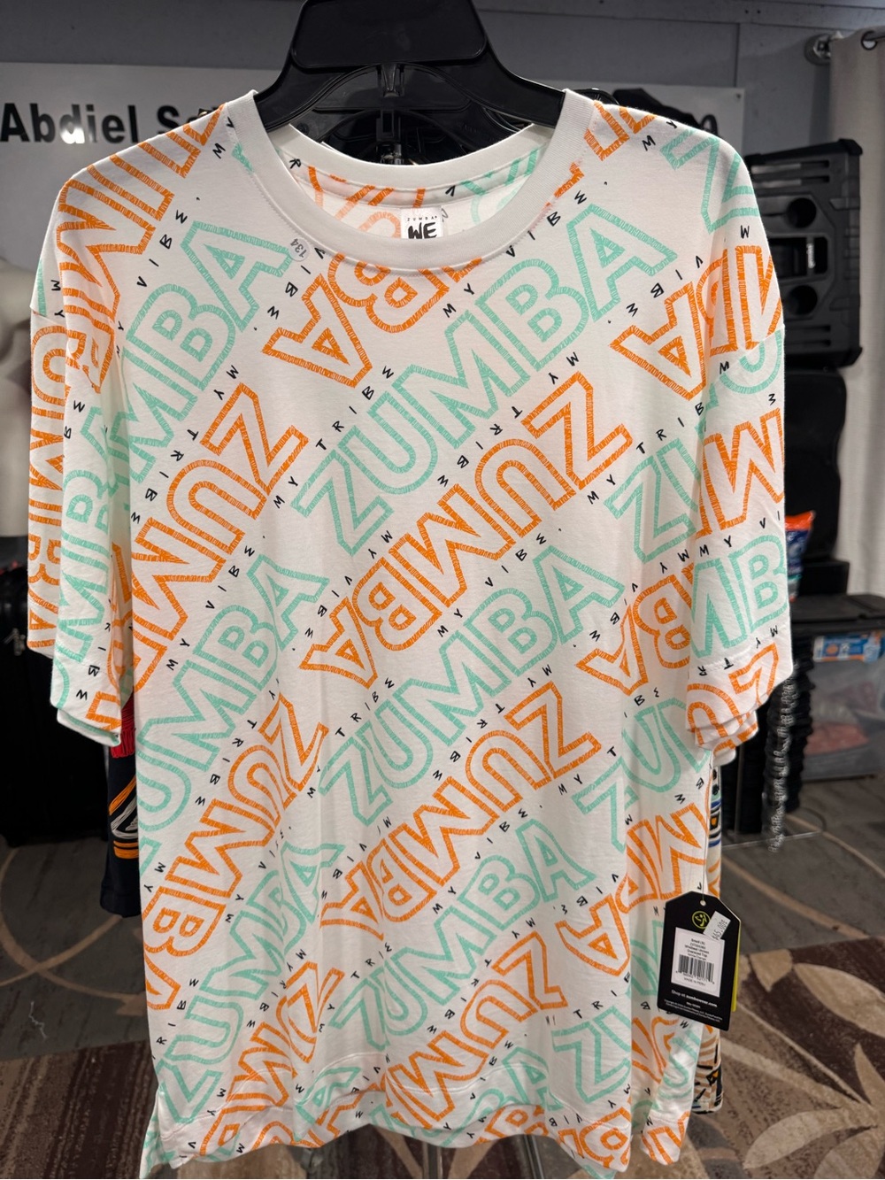 Zumba Fitness White Tee with Mint Green and Orange Logo Print
